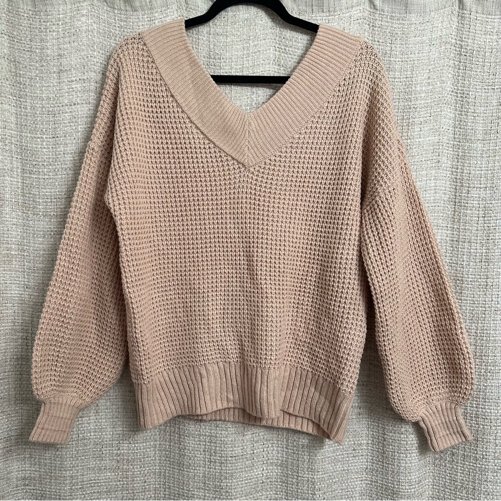 Zenana Oversized Slouchy Sweater Waffle Knit V-Neck Tan Size Small Neutral Boho